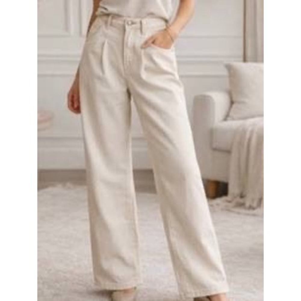 Avec Les Filles Cream High Waisted Pleated Wide Leg Trouser Style 88044 Size 10